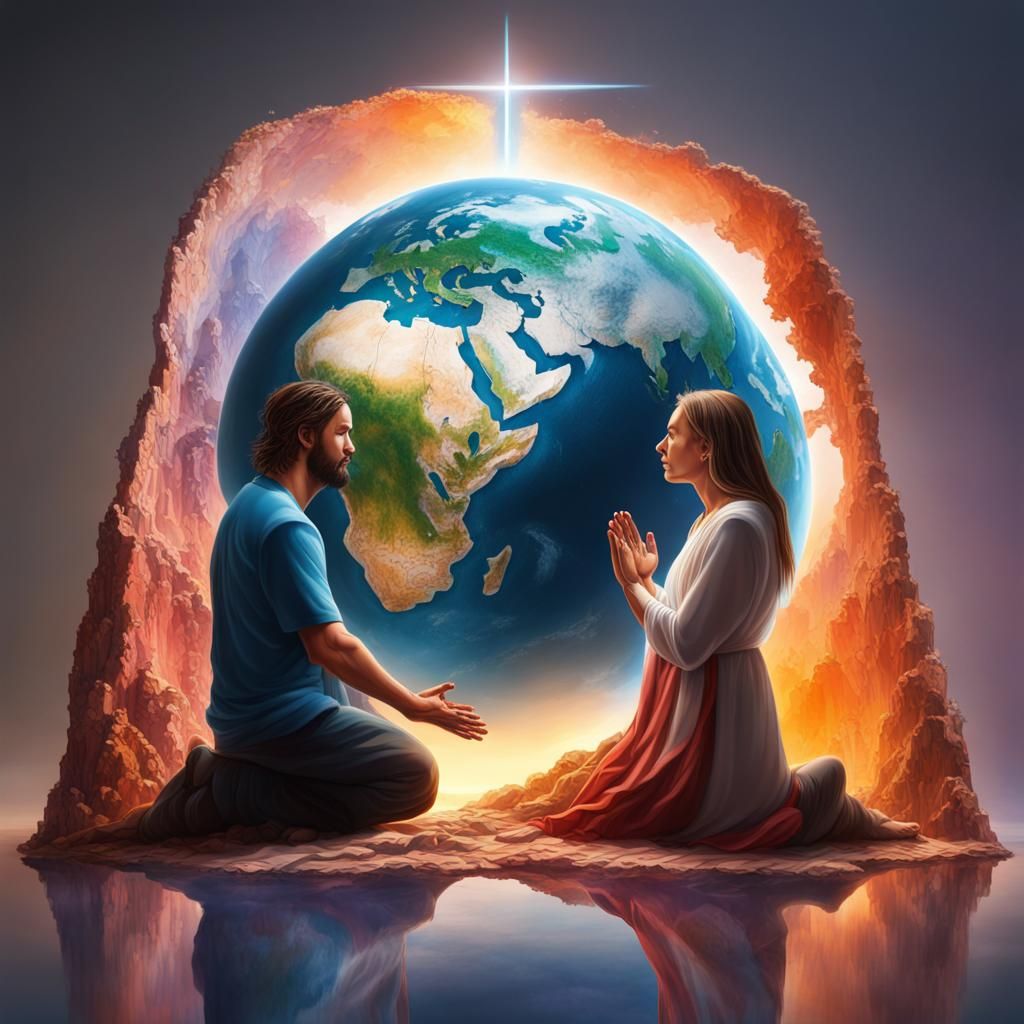 Hyperrealistic Cross-Section of Earth with Praying Couple