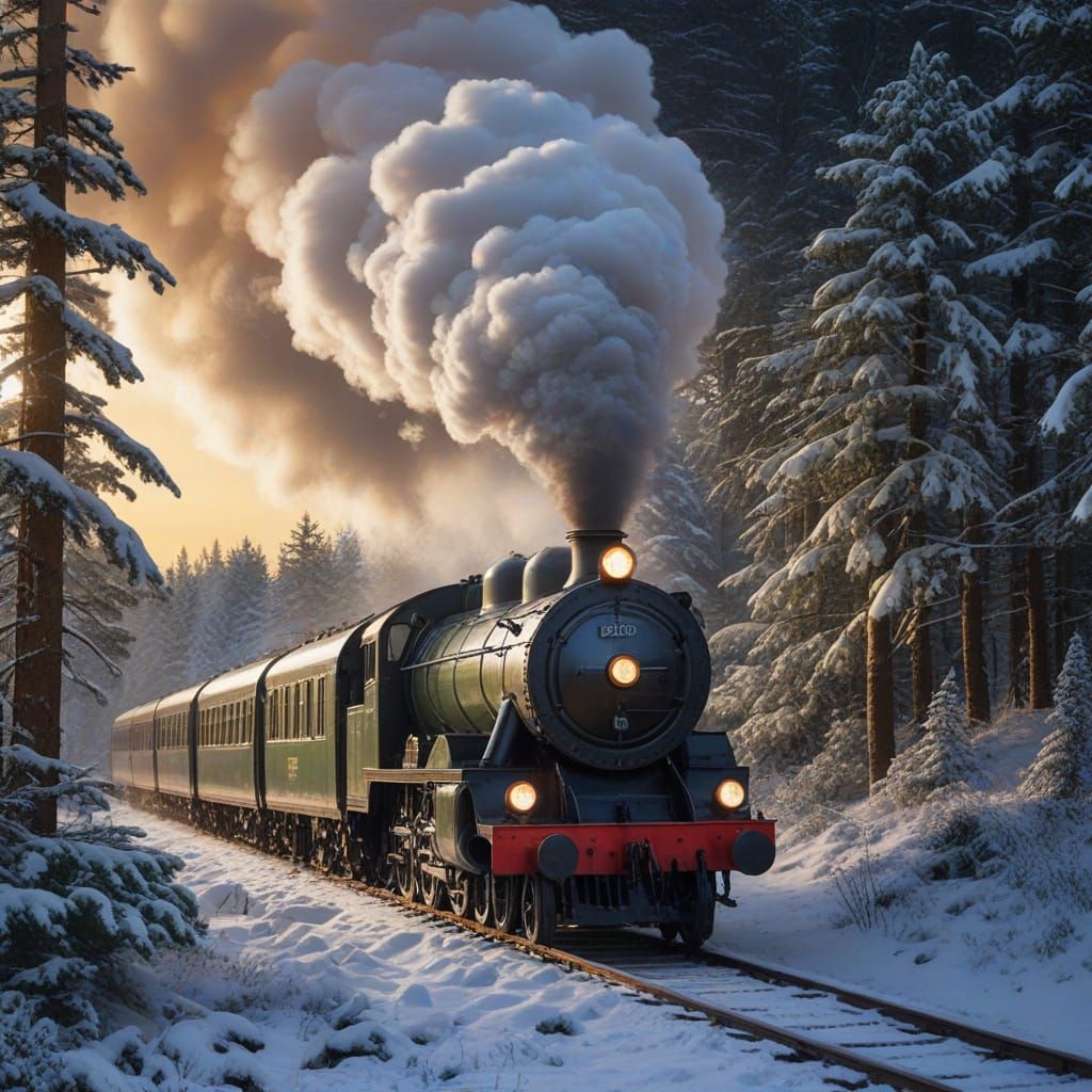 Vintage Steam Train in Snowy Forest Under Starry Night