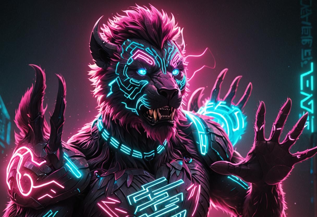 Cyan Beast Posing in Neon Comic Book Style