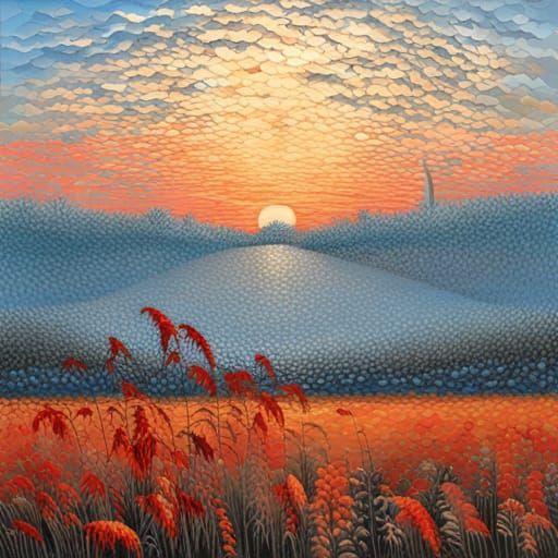 Hyperrealistic Sunrise with Silver Clouds and Red Grass