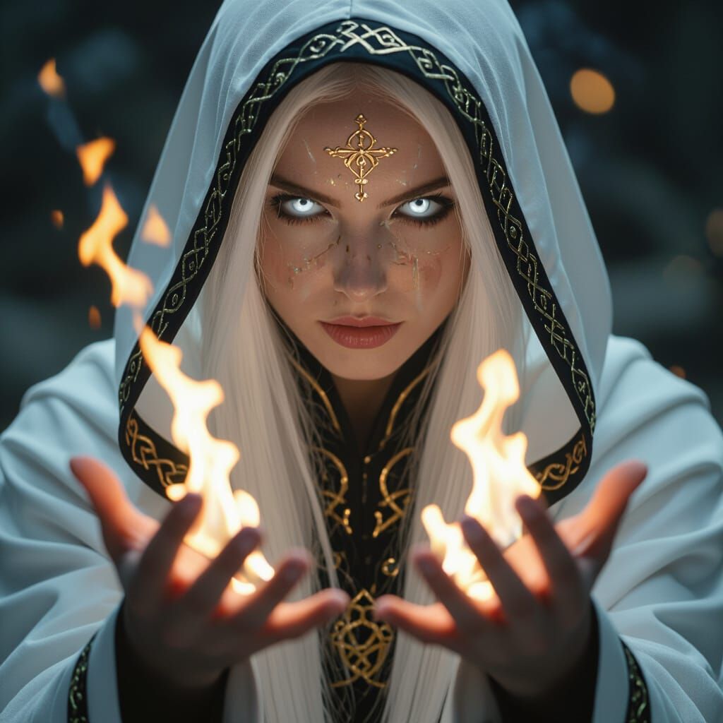 Mystic Woman With White Flames Emerging From Hands