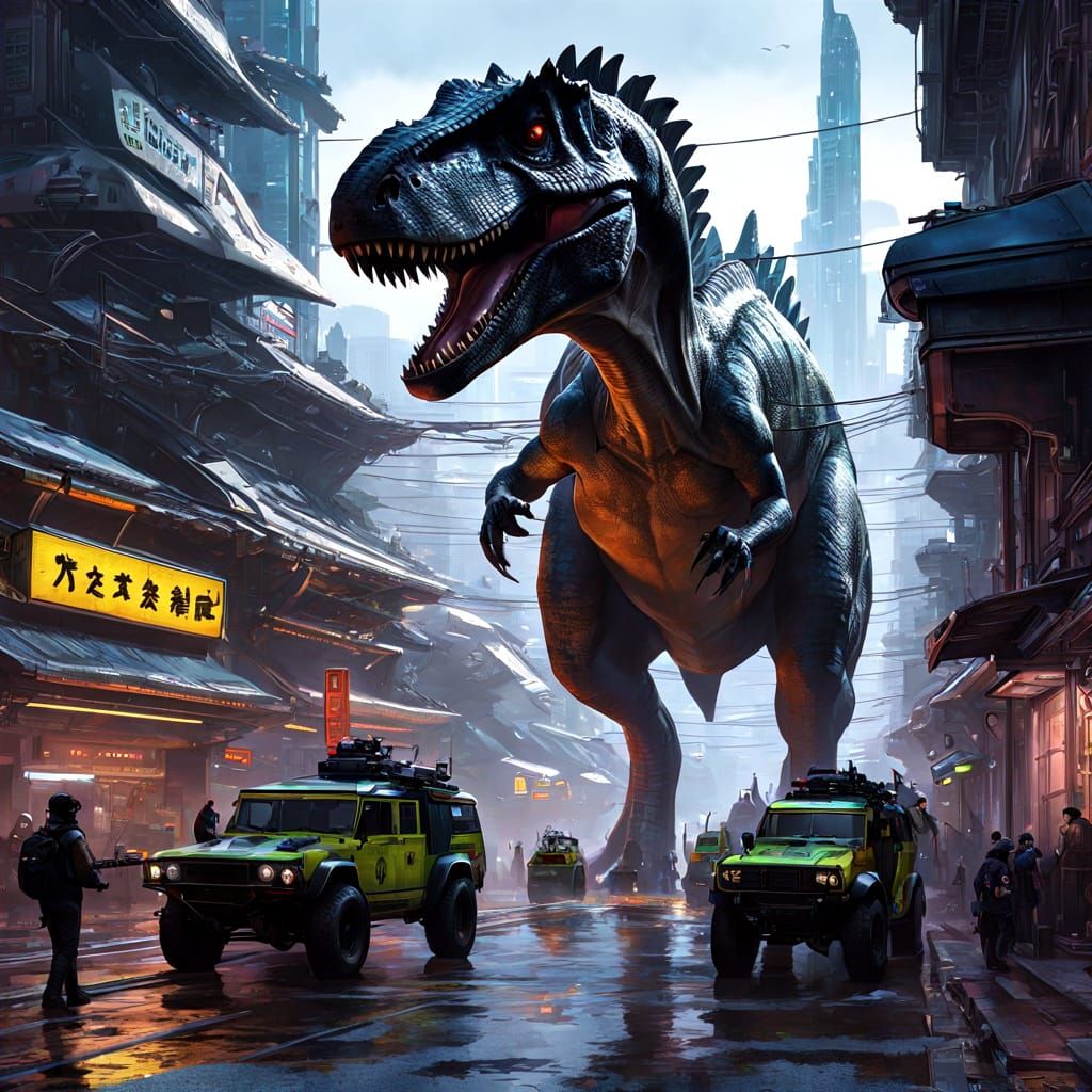 Dinosaurs Roam Cyberpunk City in Biophilic Art