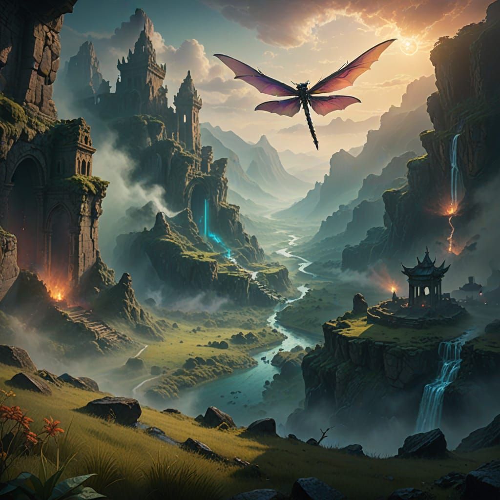 Dragon Flying Through Misty Valley Concept Art