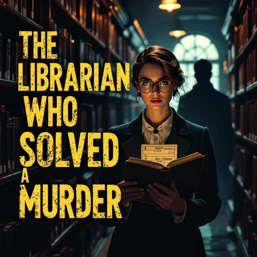 Cinematic Librarian Illustration in Dimly Lit Library