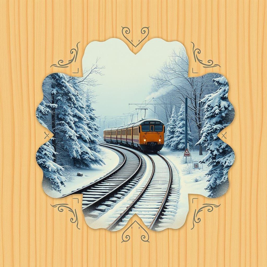 Snowy Railway in Snowflake Frame: Digital Painting