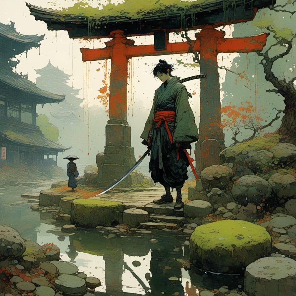 Ninja in Rain-Soaked Feudal Japan with Cyberpunk Elements