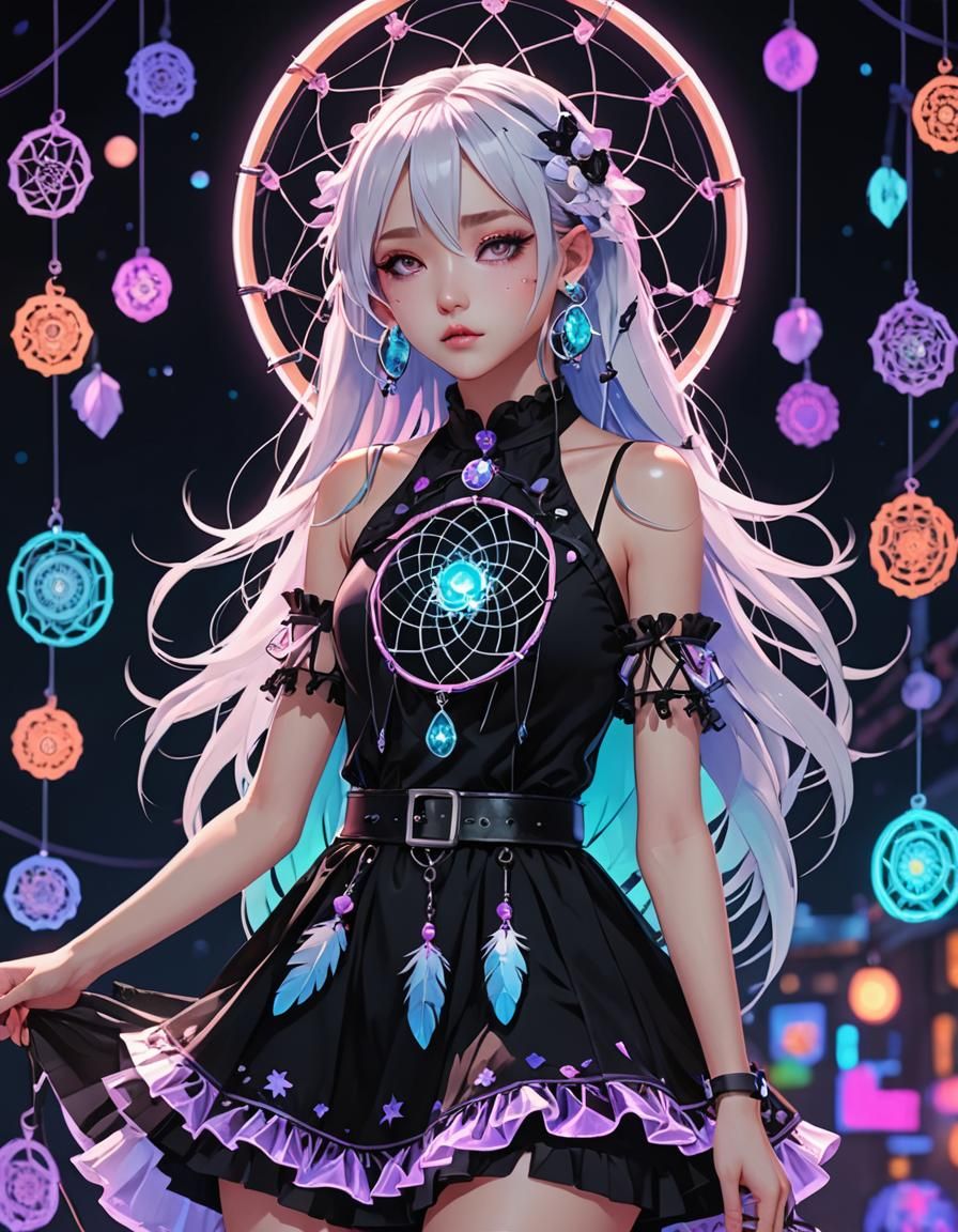 Dreamcatcher, (Neon UV Black Light:2.5) pastel goth-themed d...