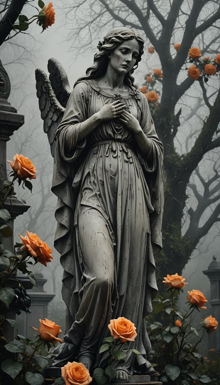 Melancholic Statue in Victorian Garden, Pictorialism Style