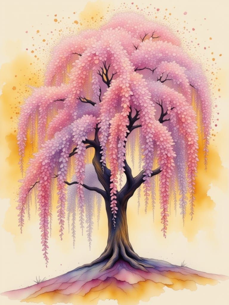 A weeping willow tree with pastel pink and purple, sakura-li...