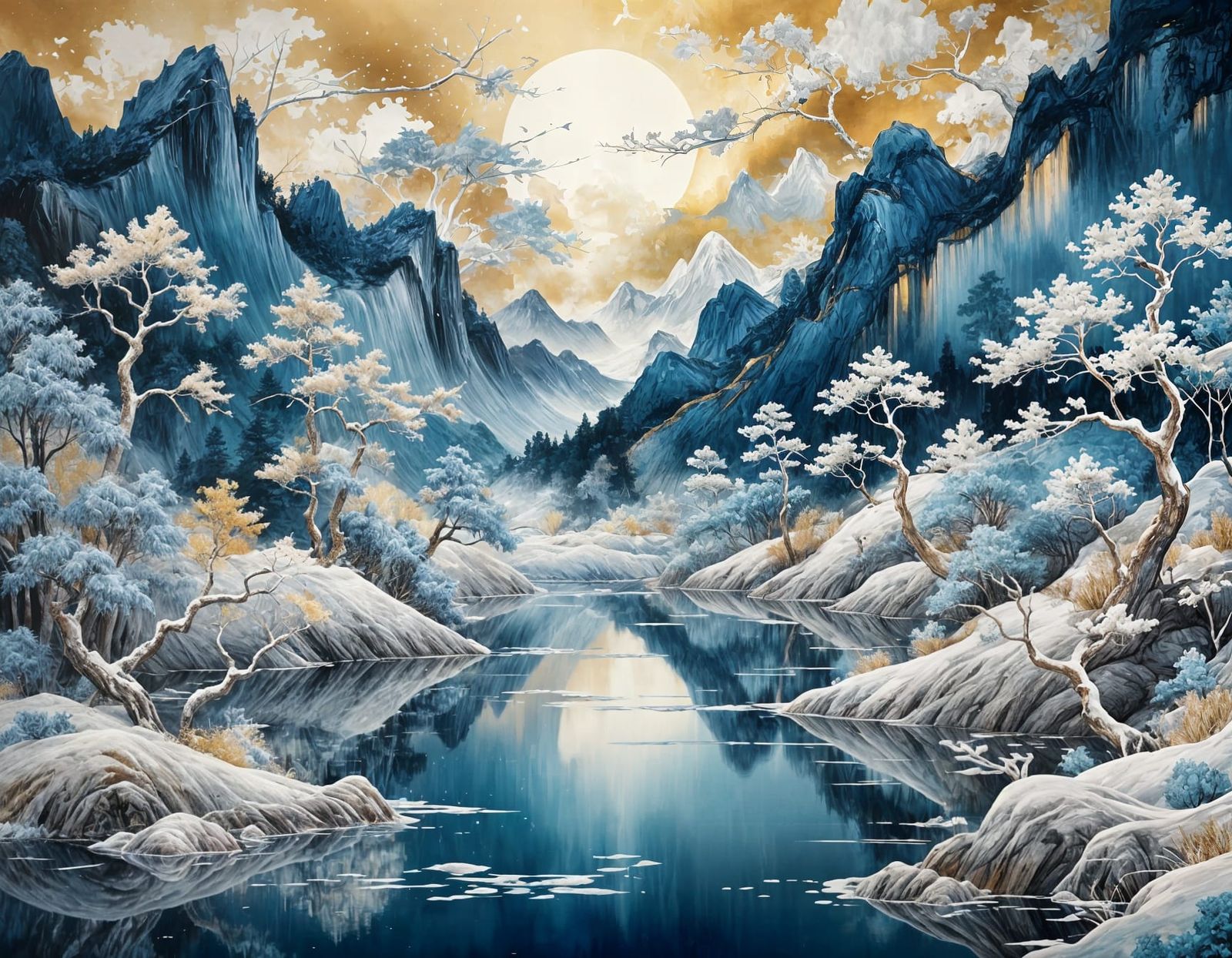 Snowy Mountain Lake in Chinese Ink Painting Style