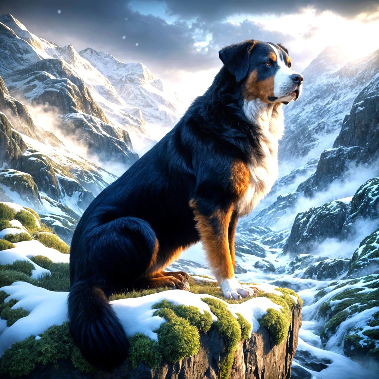 Majestic Swiss Mountain Dog on Snowy Alps Rock