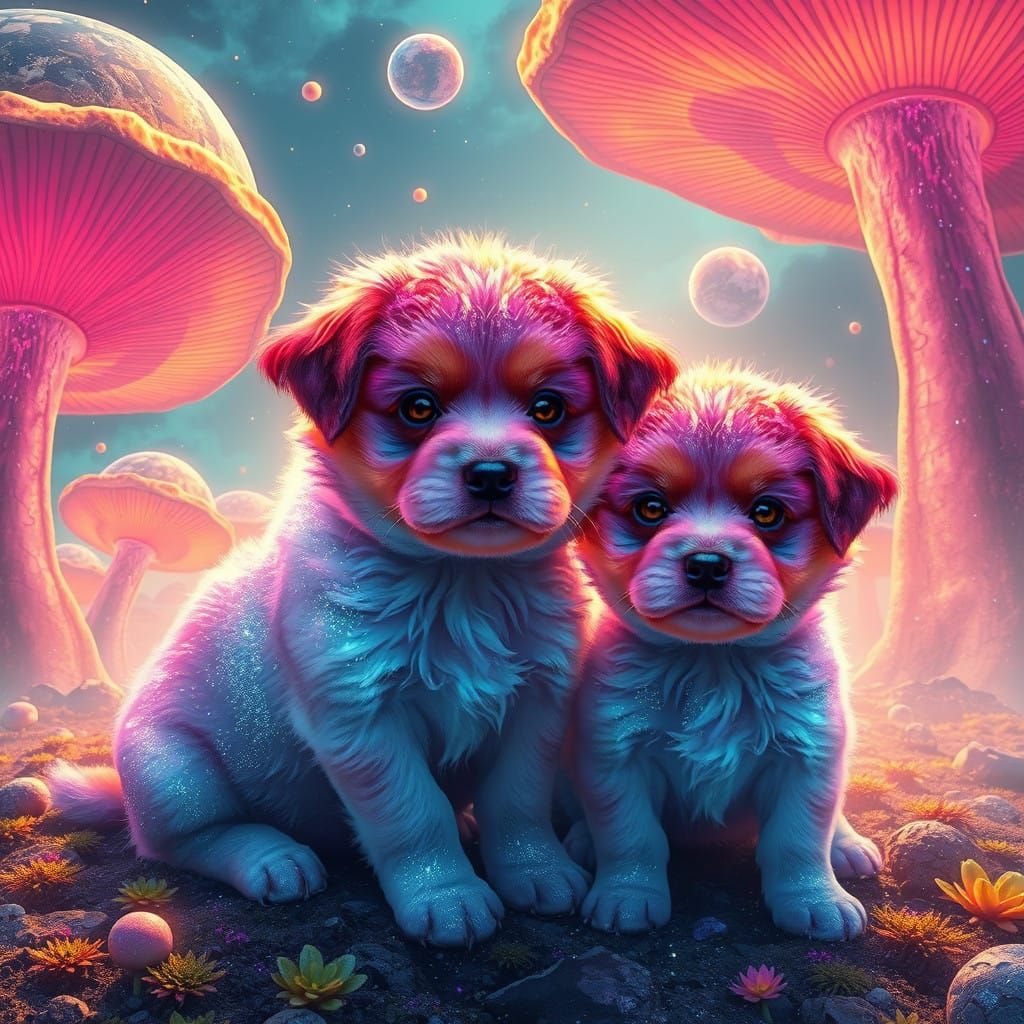Dreamlike Realms: Glittering Puppies Amidst Cosmic Mushrooms