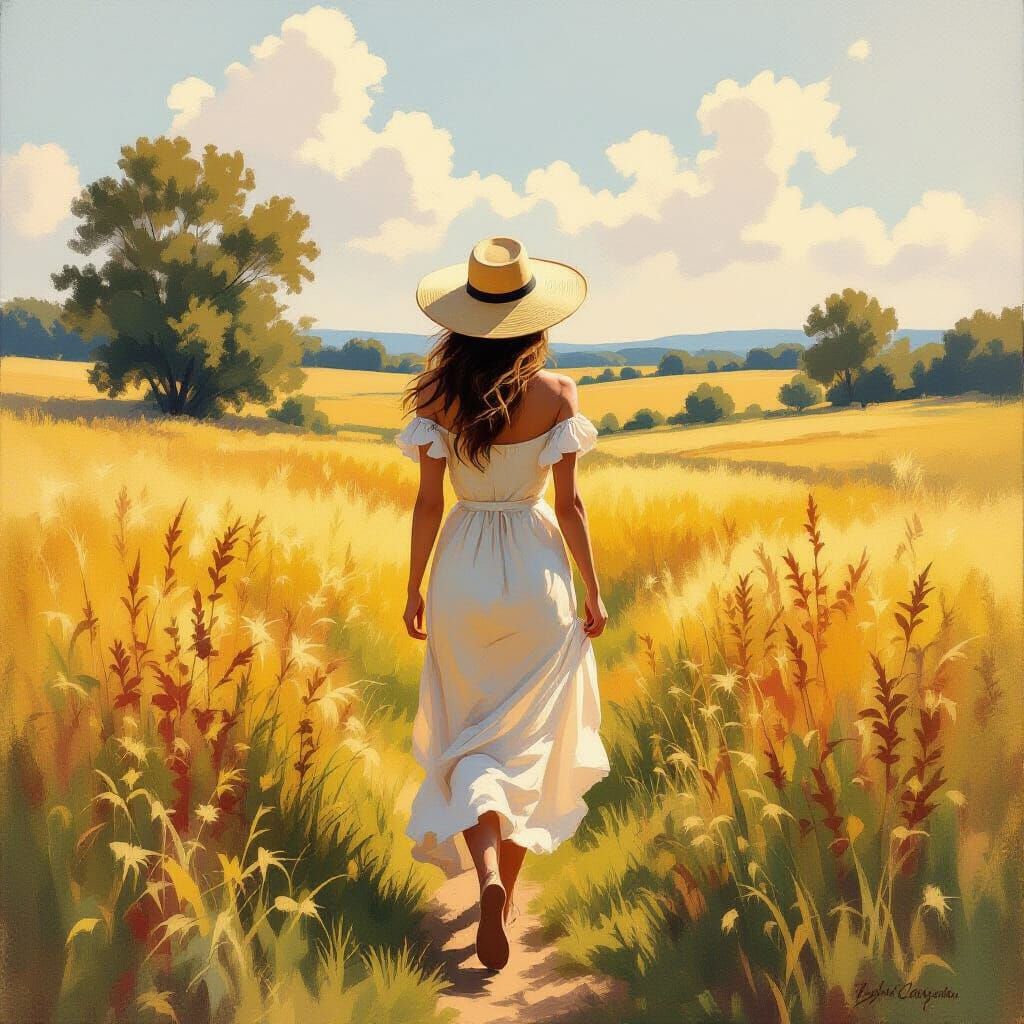 Woman in Meadow: Oil Painting in Impressionist Style