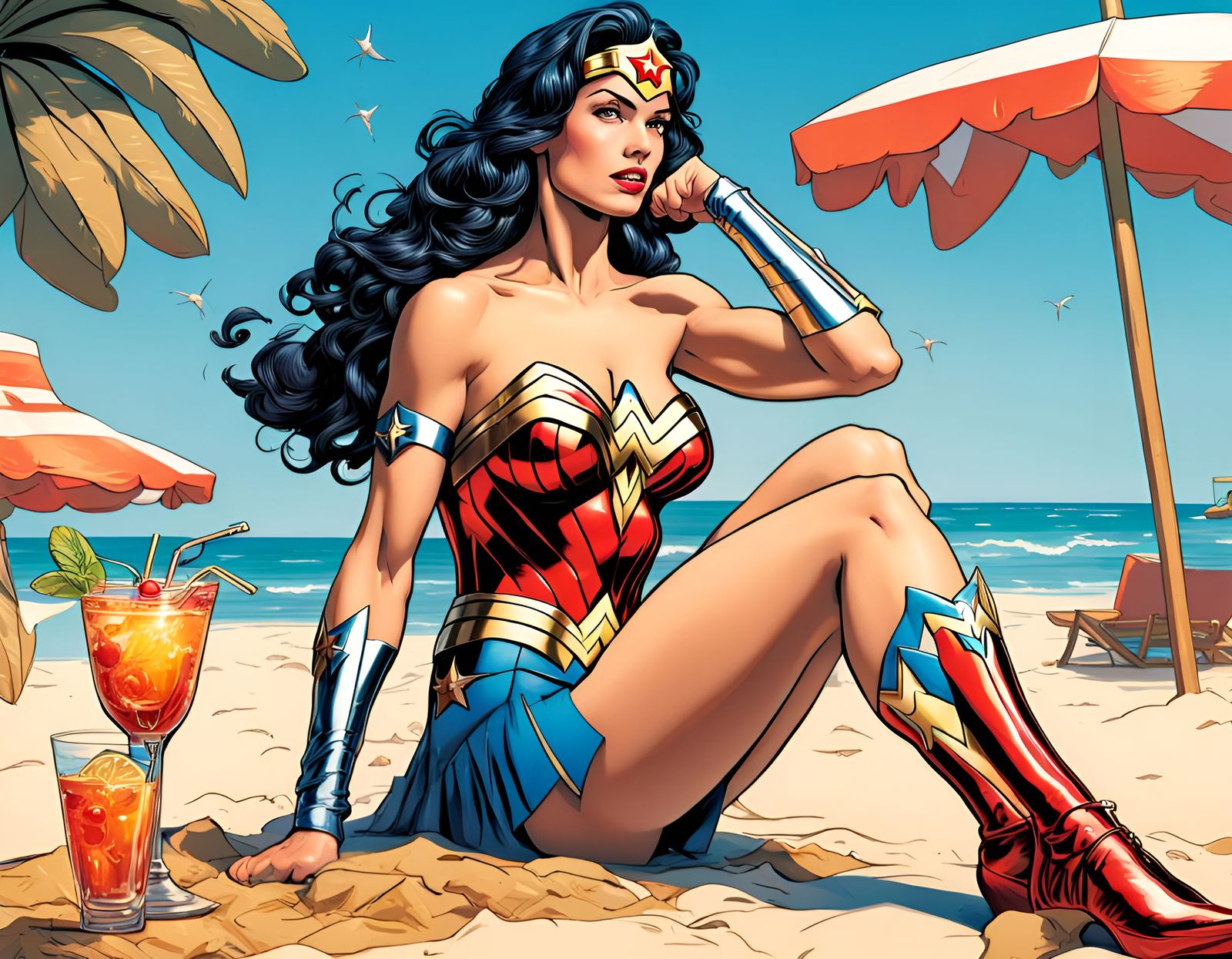 Wonder Woman on Holiday: Hyperrealistic Beach Scene