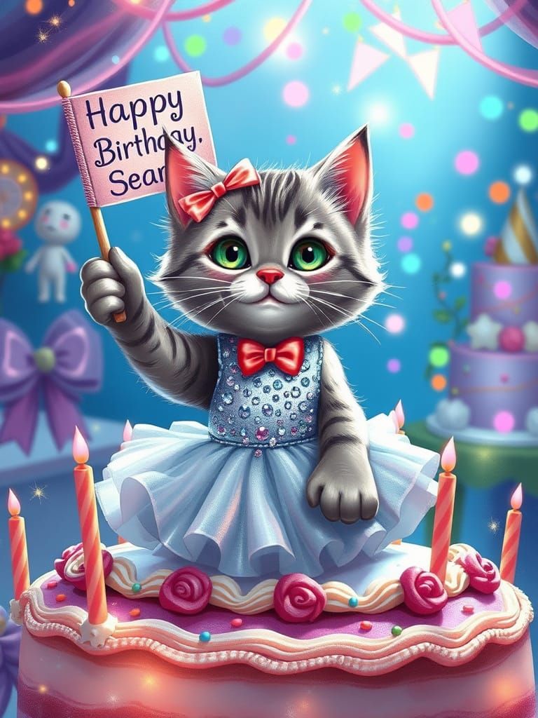 Whimsical Cat Emerges from Birthday Cake in Sparkling Sequin...