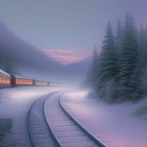 Snowy Train Journey Through Misty Mountains