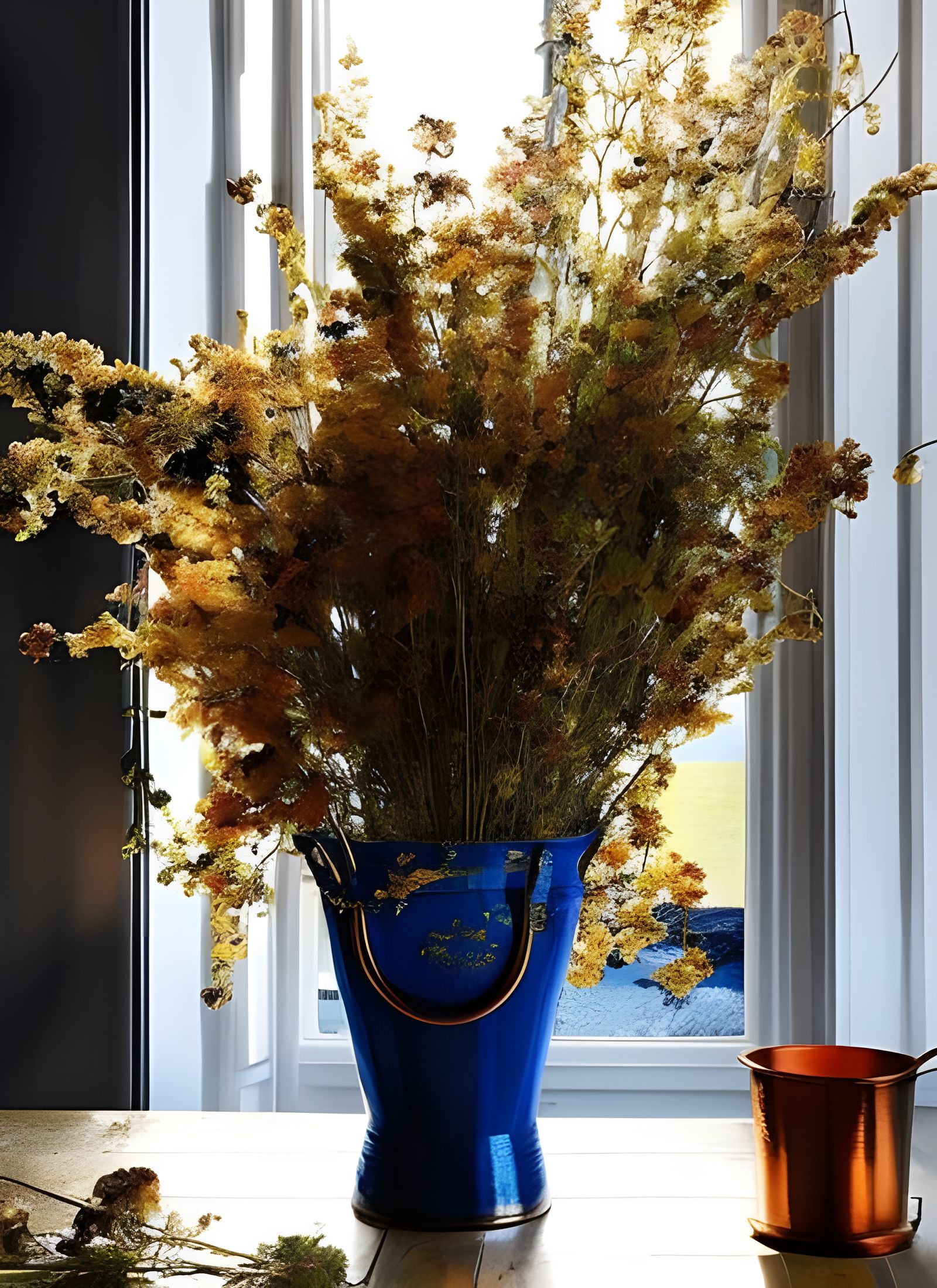 Hyperrealist Flowers on Butcher Table, Vermeer Style