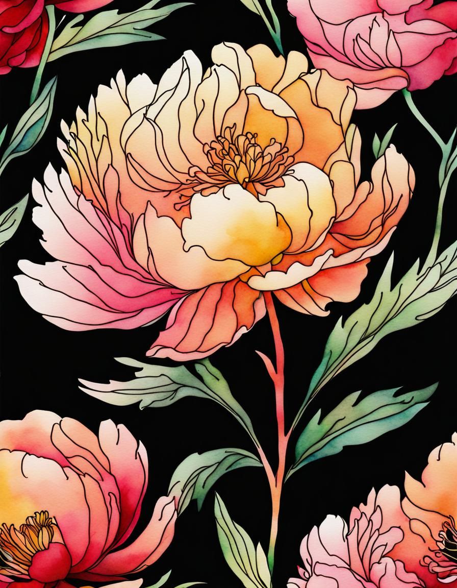 Elegant One Line Peony with Watercolour Background