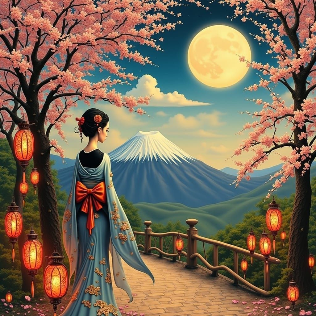 A Serene Japanese Woman in a Golden Kimono Walks through a M...