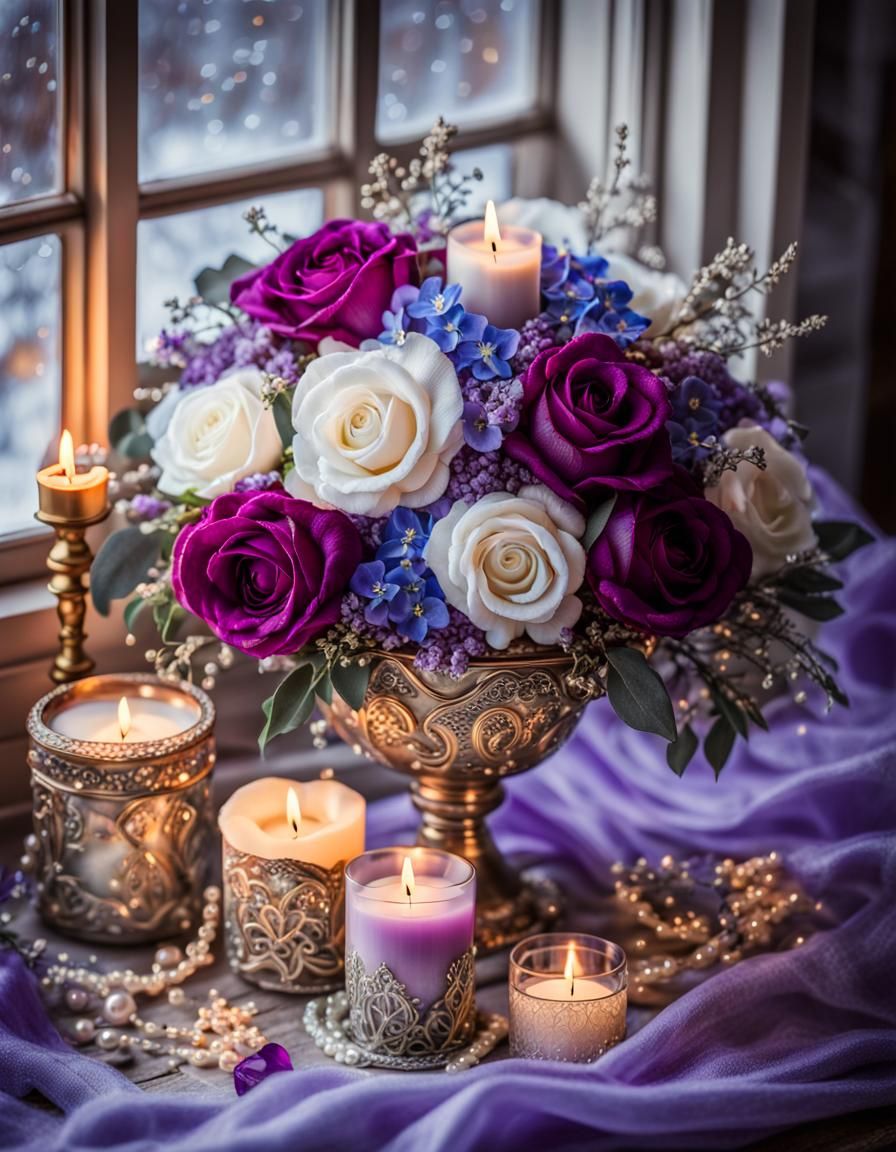 Exquisite Bouquet of Roses with Pearls and Candles