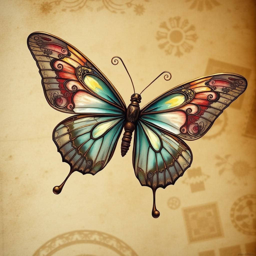 Steampunk Butterfly with Lace Wings in Watercolor Style