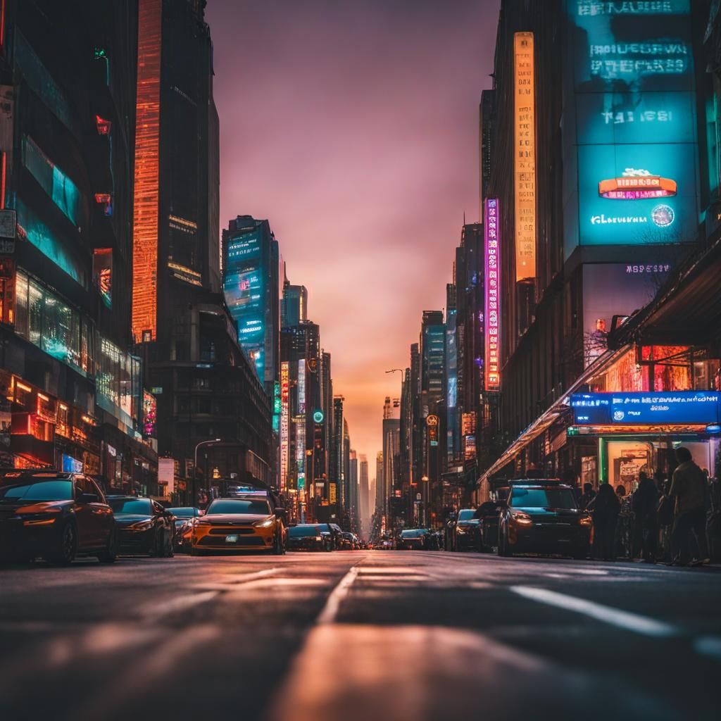 Vibrant City Street at Dusk: Low Angle Photography