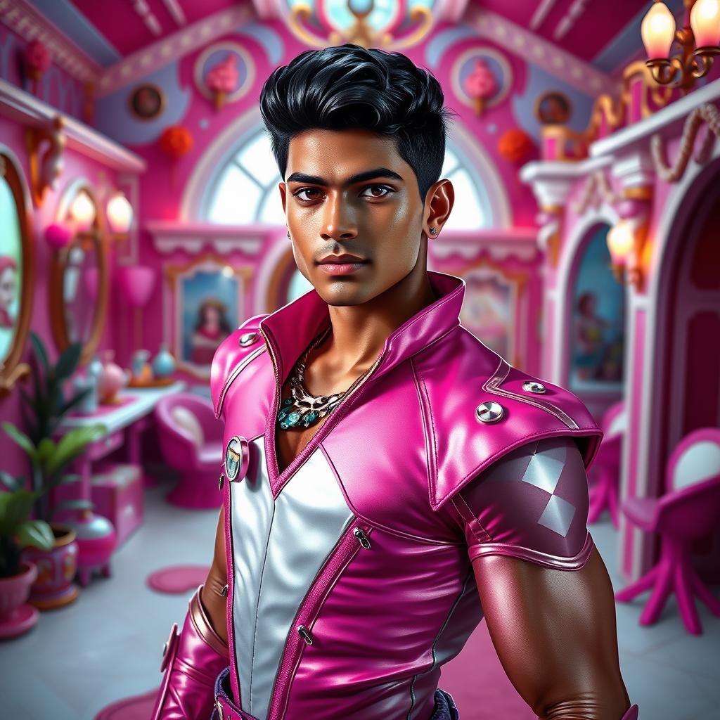 Barbie-Inspired Portrait of Muscular Man in Barbie House