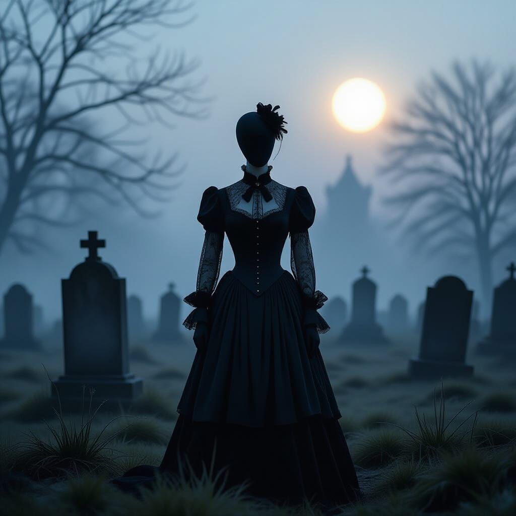 Haunting Victorian Mannequin in Foggy Graveyard