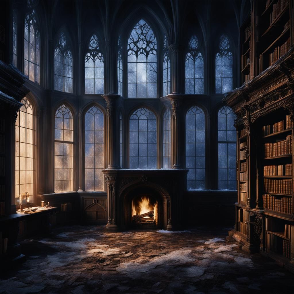Gothic Manor Library in Moonlight