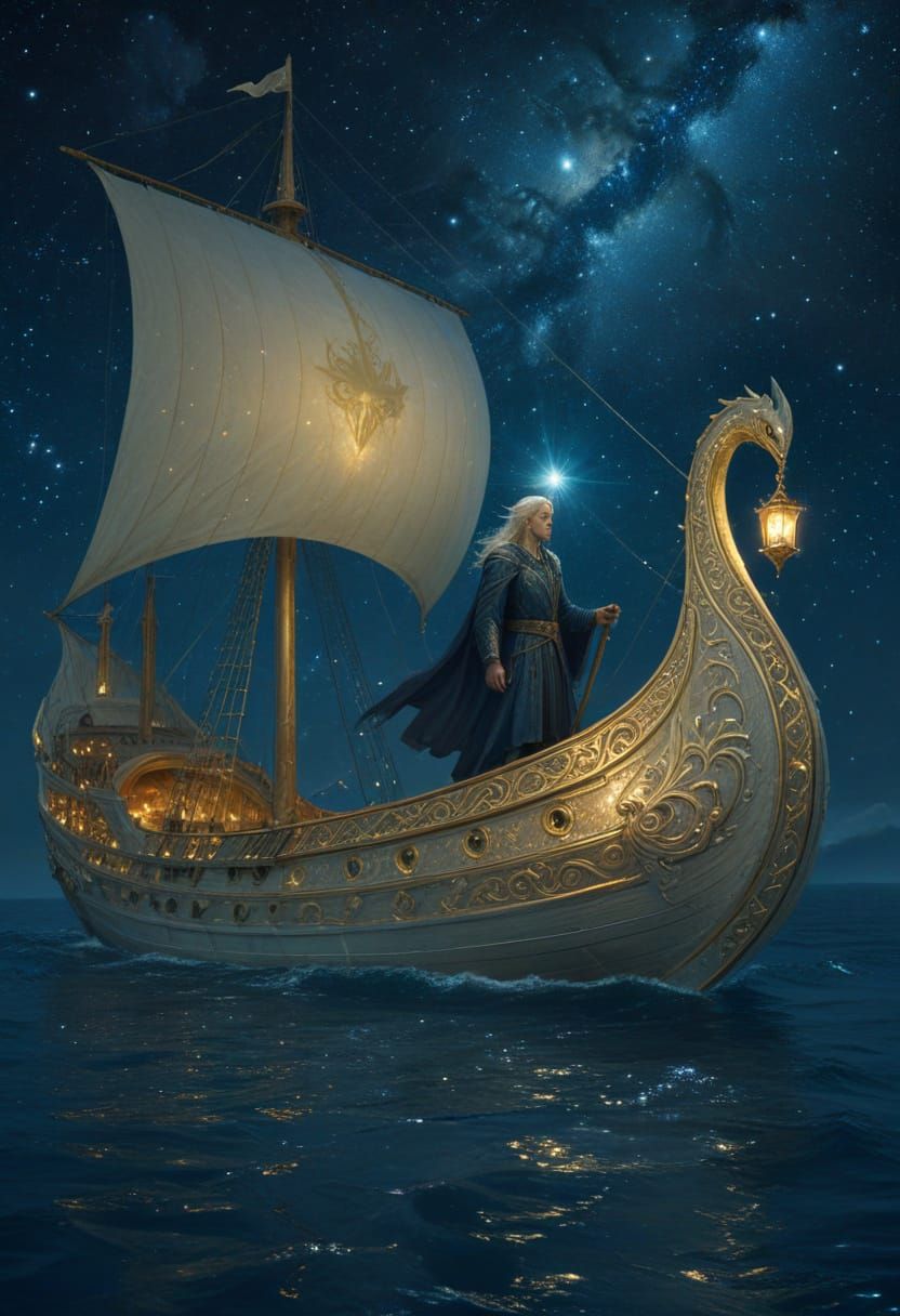Celestial Elven Ship Sailing Starry Seas