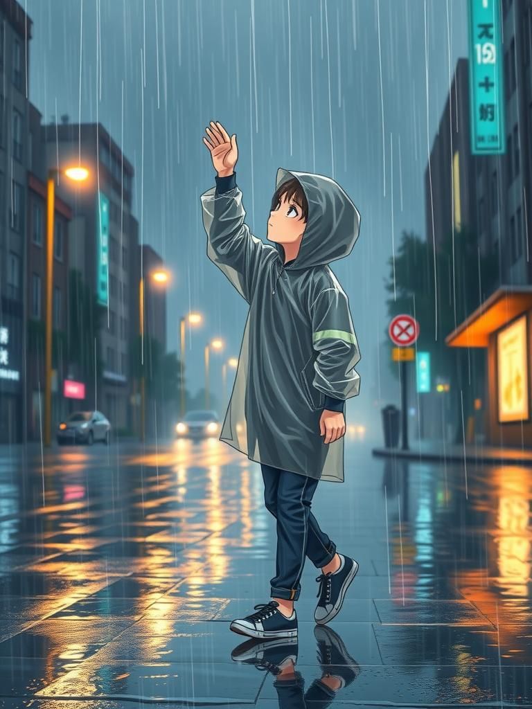 Boy Walks in Rainy Night: Anime-Inspired Visual