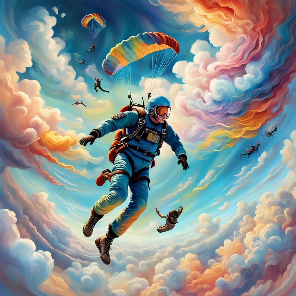 Skydiver in Dreamlike Cloudscape: Surreal Digital Art