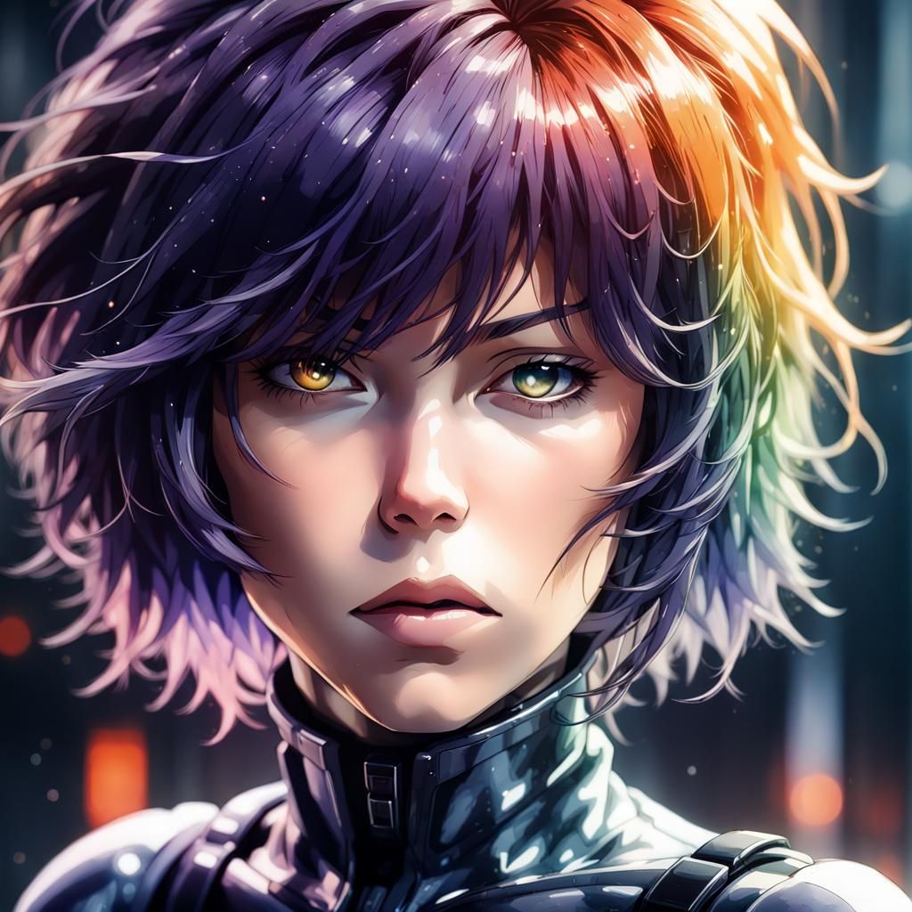 Provocative Motoko Kusanagi Portrait in Watercolor Style
