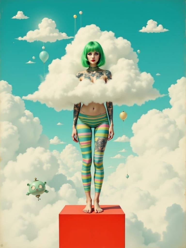 Psychedelic Woman with Robot Companion in Dreamscape