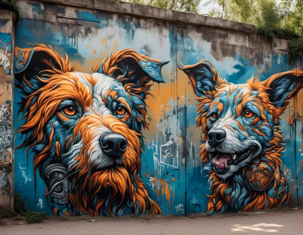 Stray Dogs Gaze at Vivid Graffiti Masterpiece