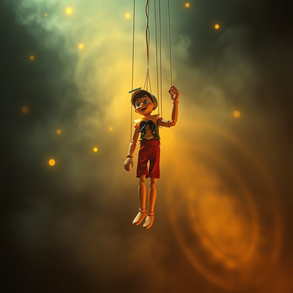Whimsical Marionette Pinocchio Awakens in Mystical Fog