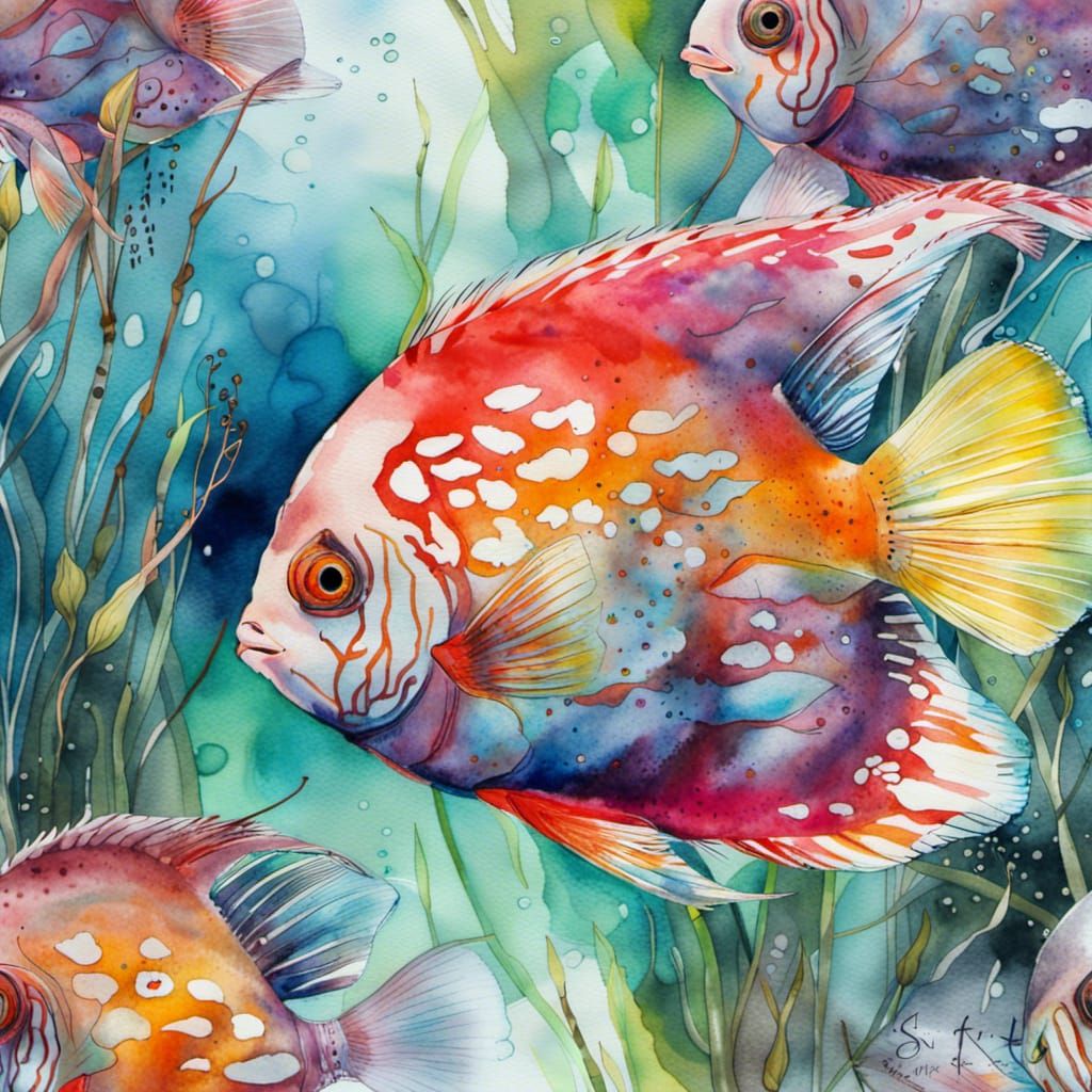 Colorful Discus Fish in Watercolor Underwater Scene