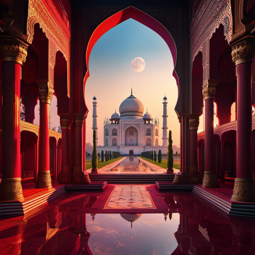 Taj Mahal Interior with Giant Red Moon, Digital Art