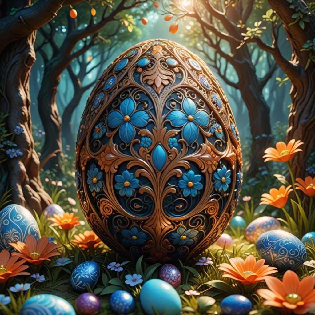 Ornate Easter Egg in Vibrant Whimsical Forest