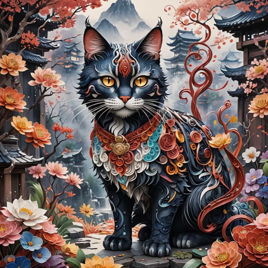 Watercolor Japanese Quilled Cat Fantasy Art