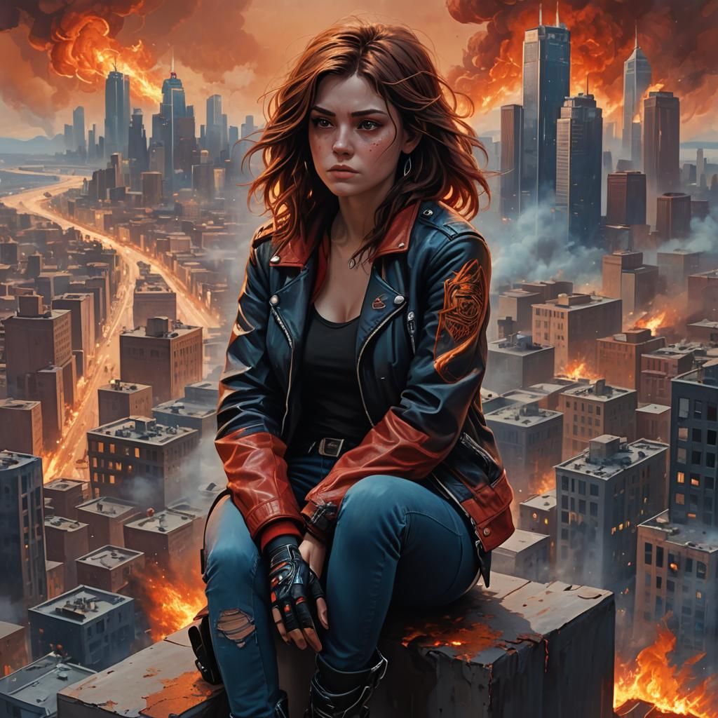 Woman Gazing at Burning City in Fantasy Art Style