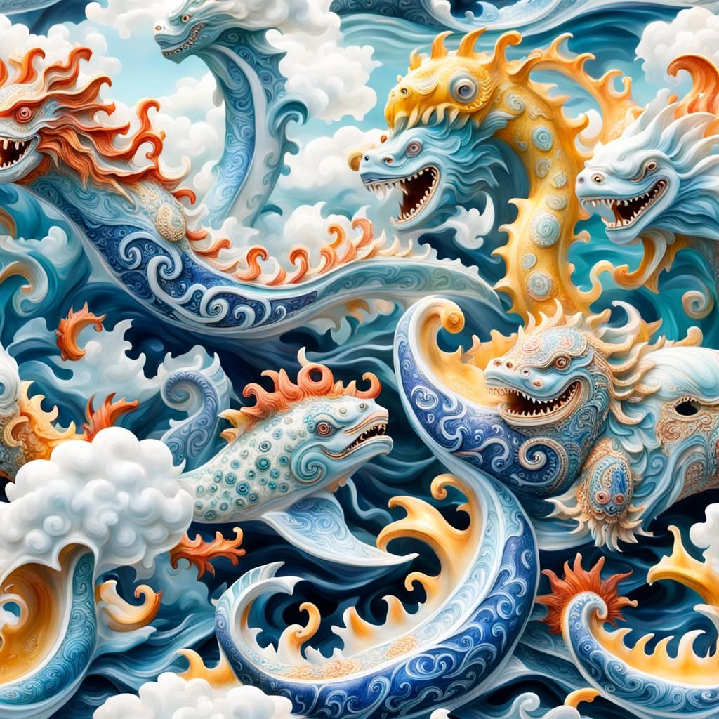 Porcelain Sea Monsters with Paisley Swirls