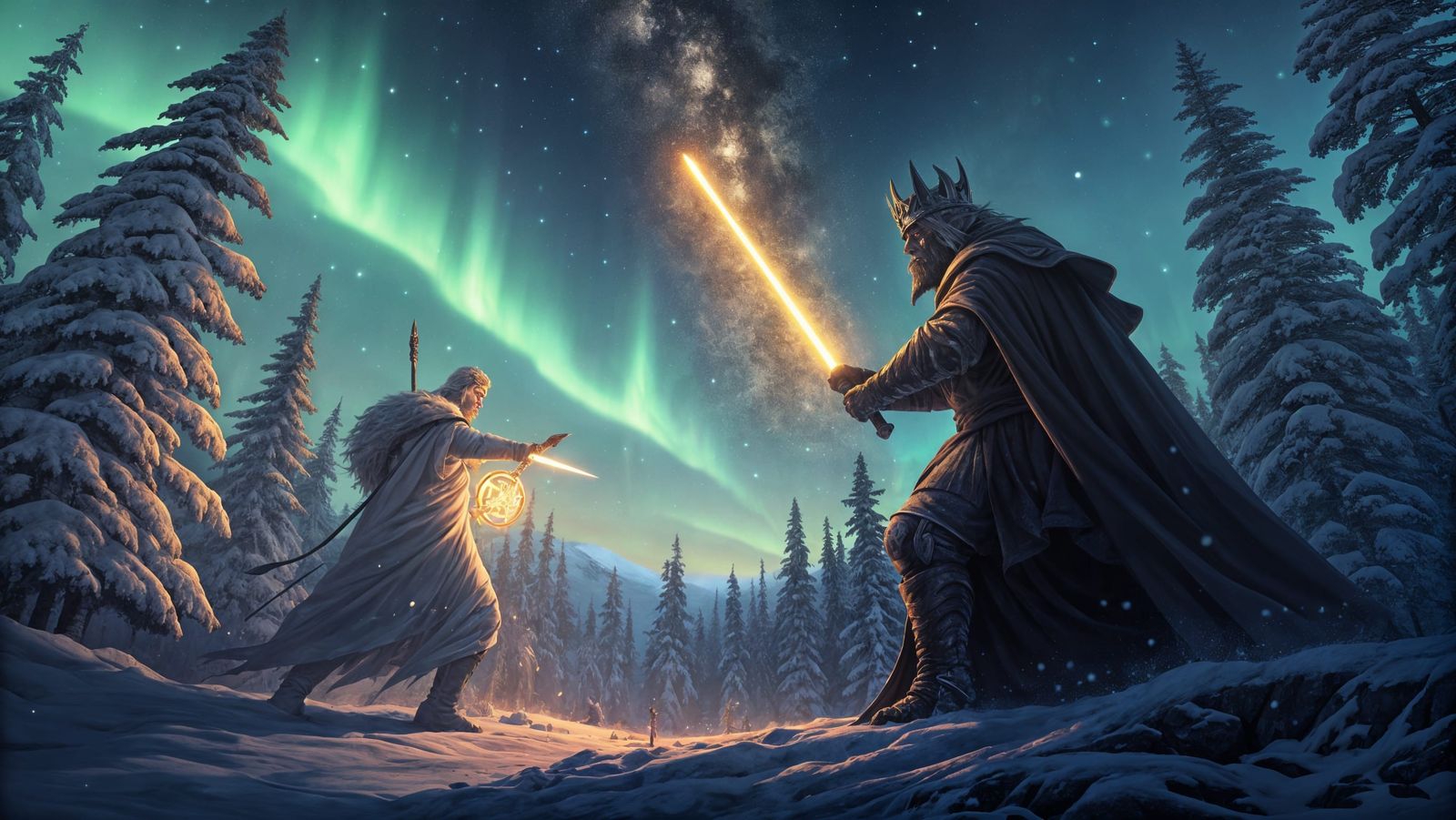 Clash of Light and Darkness Under Aurora Borealis