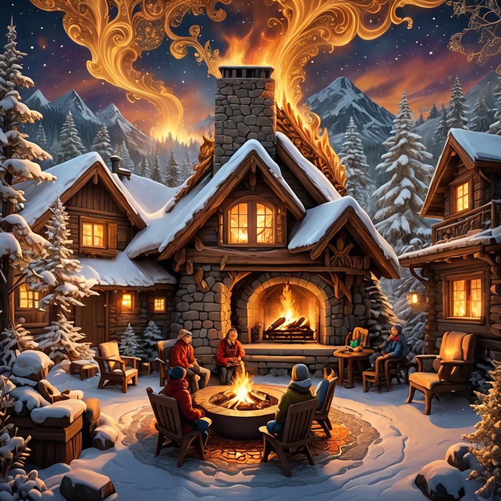 Cozy Winter Cabin: Whimsical Fractal Family Gathering