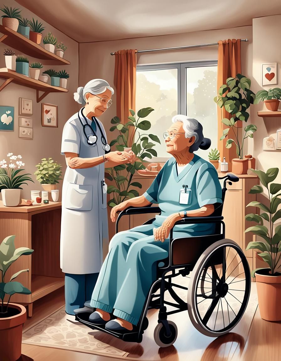 a heartwarming, detailed scene in a soft, clean illustration style. Show a cozy room with healthcare workers, doctors, a...