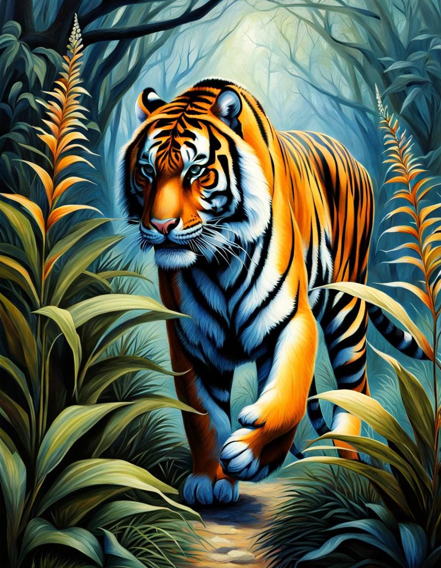 Metallic Striped Tiger in Bamboo Forest
