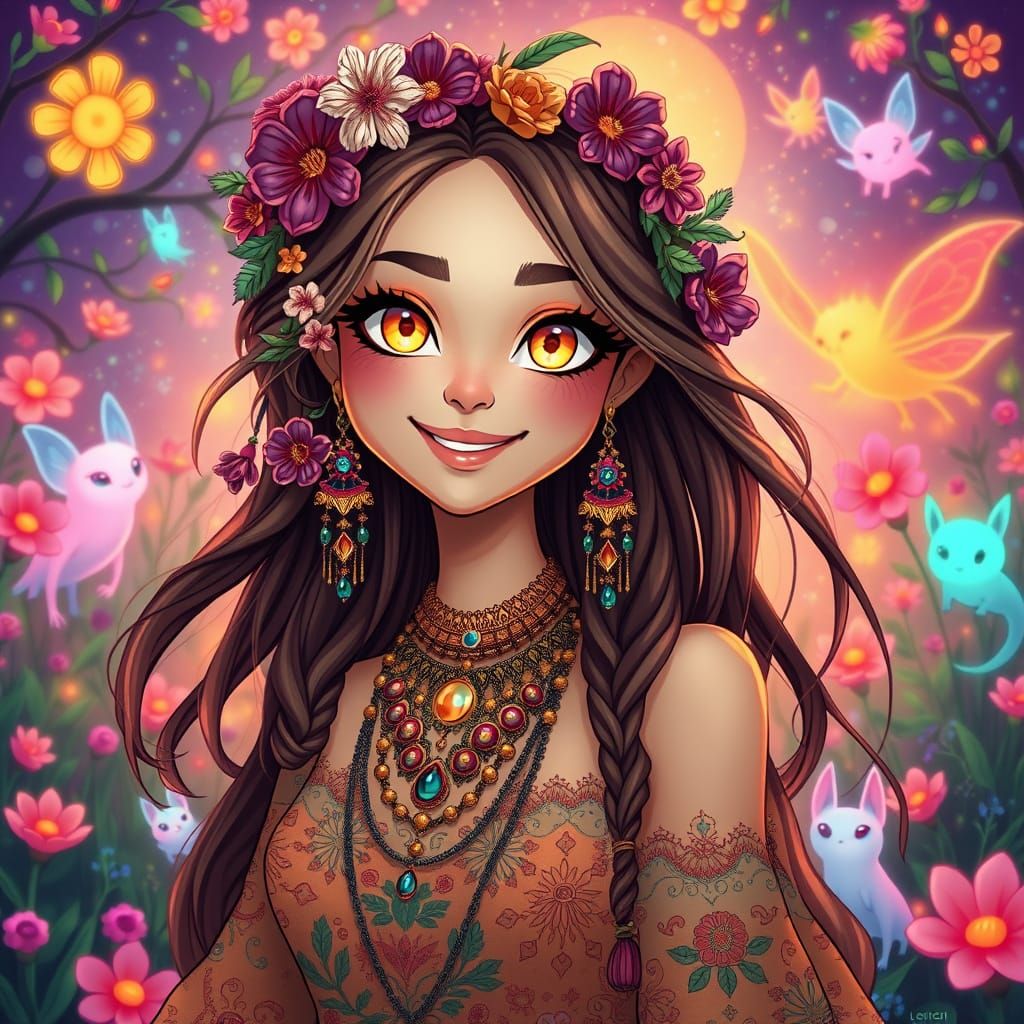 Radiant Hippie Goddess in Whimsical Bioluminescent Garden