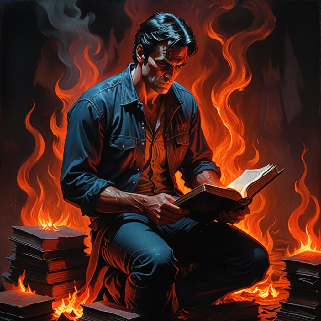 Ash Williams in Ominous Prayer, Hellish Oil Painting