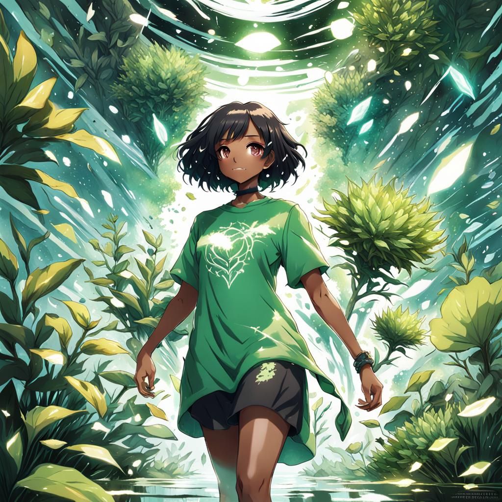 Magical Plants Surround Girl in Anime Style