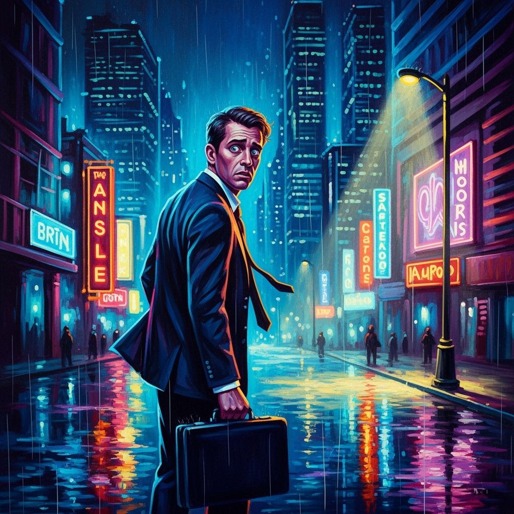 Film Noir Man in Neon Cityscape Oil Painting